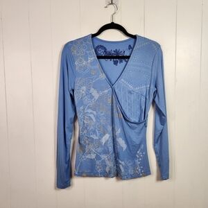 Desigual Carla Blue Long Sleeve V-Neck Wrap Top T-Shirt Stretchy Size XS